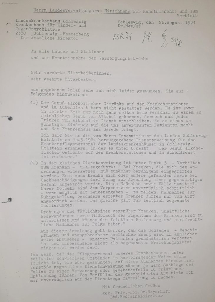 Rundschreiben Dr. Meyerhoff 26. August 1971, LKH Schleswig Hesterberg
